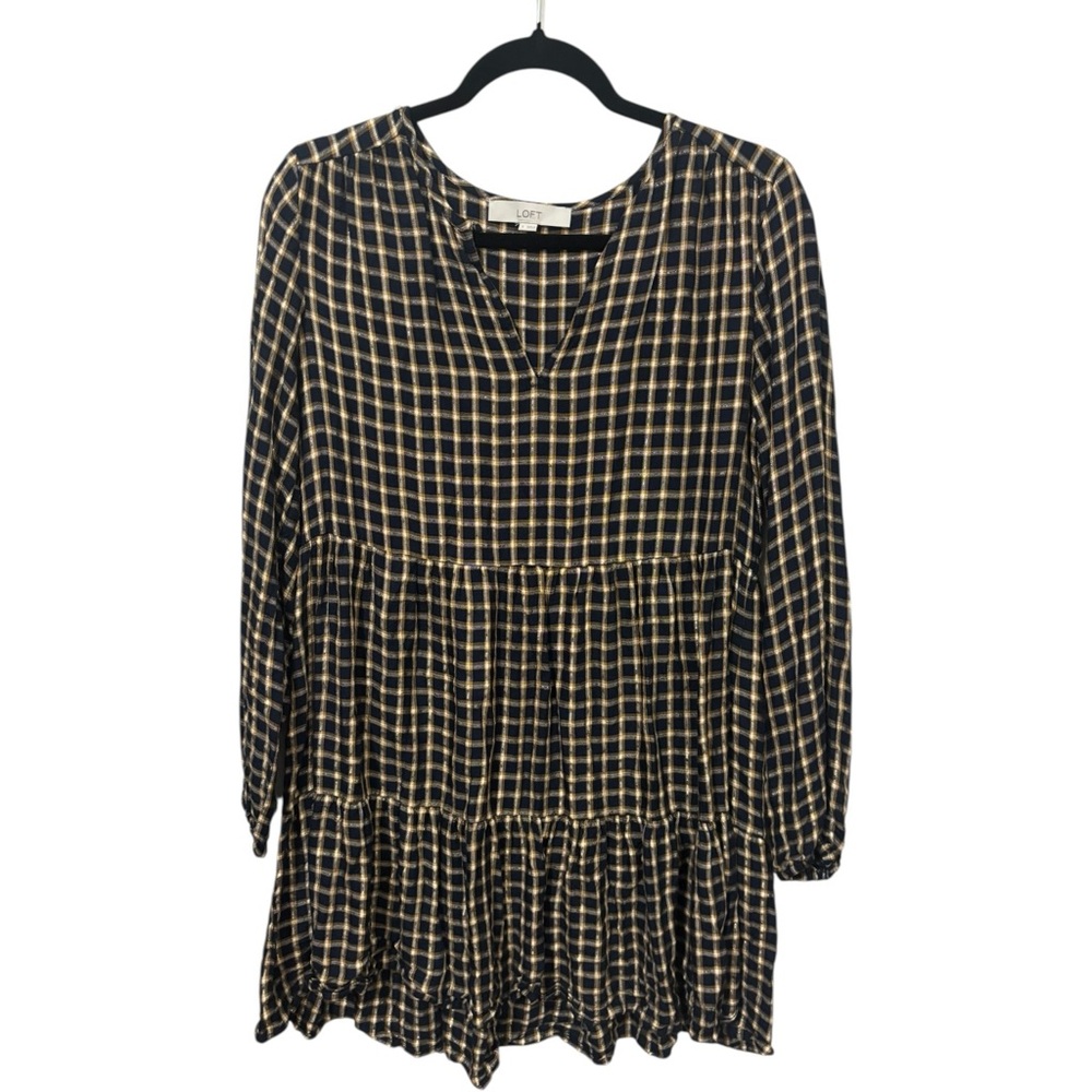 LOFT Ruffled Tiered Sundress‎ Long Sleeves Split Neck Plaid Gingham Mini Dress